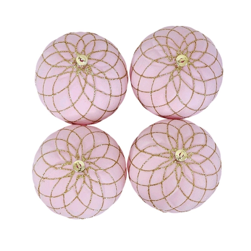 4 Pink Velvet Flocked Christmas Ball Ornaments Quilted Gold Glitter Holiday 4"